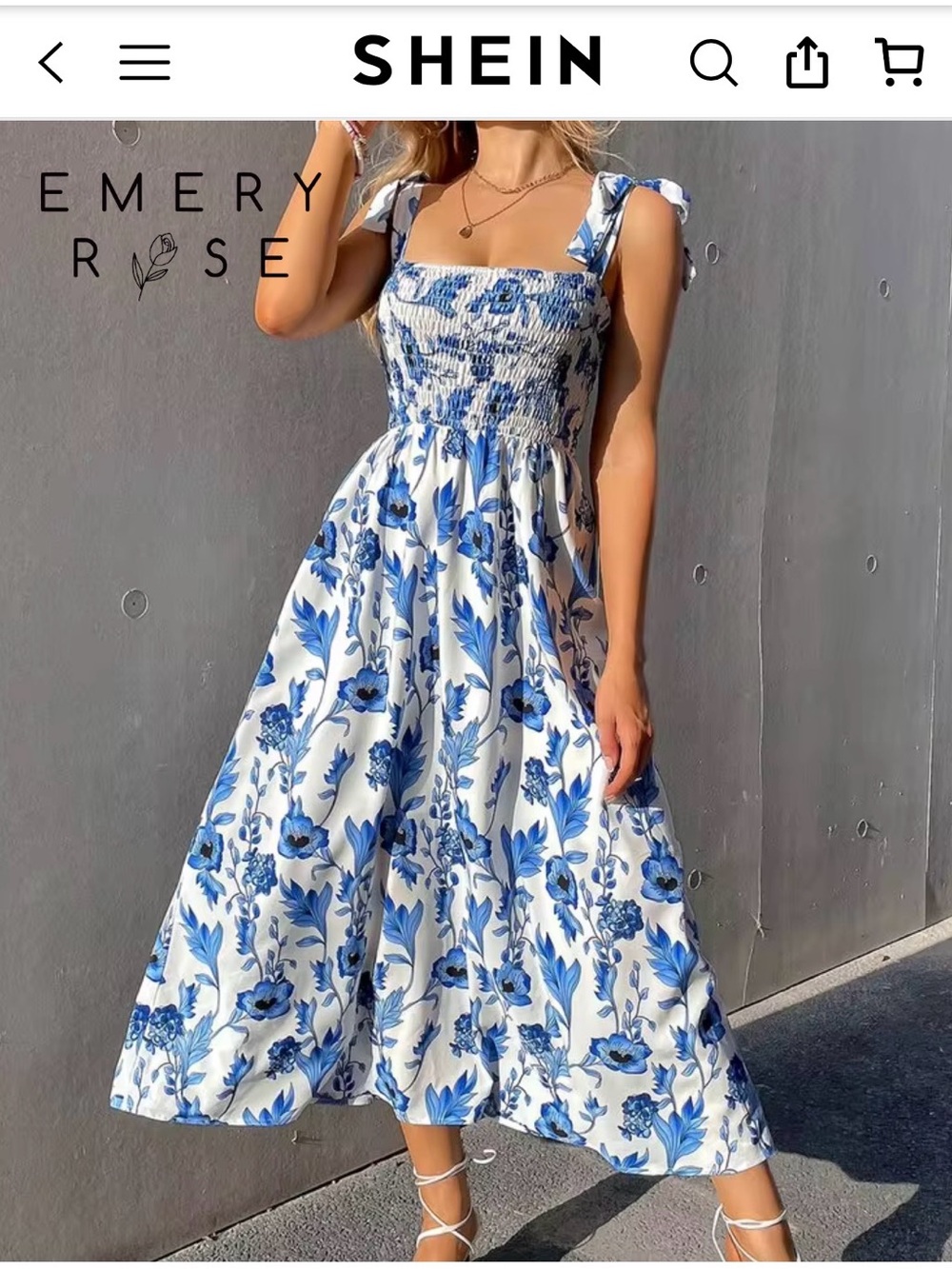 SHEIN Blue Floral Smocked Midi Dress XS - NWOT